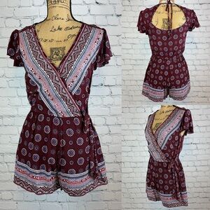 Xhilaration Boho Burgandy Print Crossfront Tie Back Romper